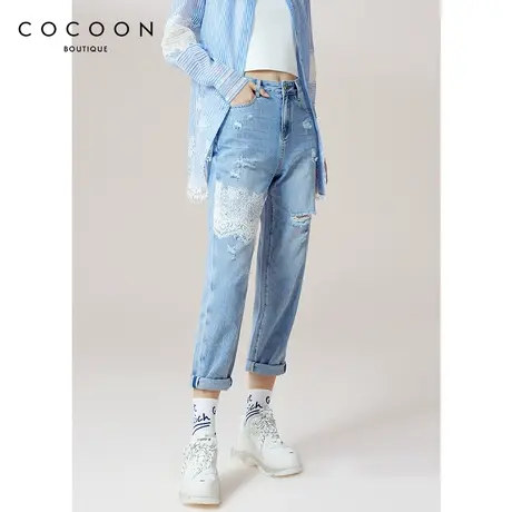 COCOON商场同款2023刺绣裤子夏装新款女装复古高腰阔腿破洞牛仔裤商品大图