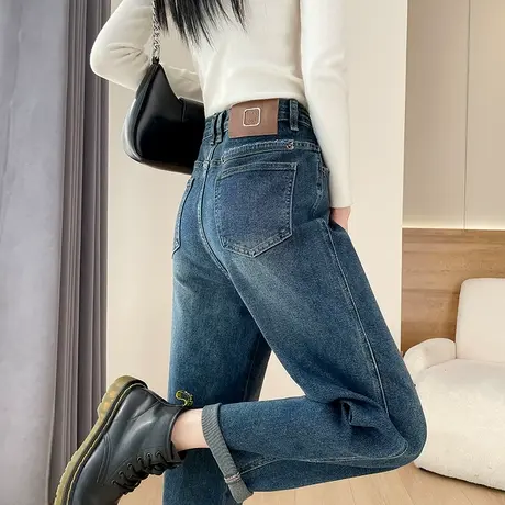 复古蓝色直筒牛仔裤女春秋季新款高腰宽松显瘦百搭遮胯哈伦老爹裤商品大图