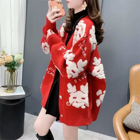 本命年红色福龙毛衣开衫女秋冬2023年新款宽松慵懒风加厚针织外套商品大图