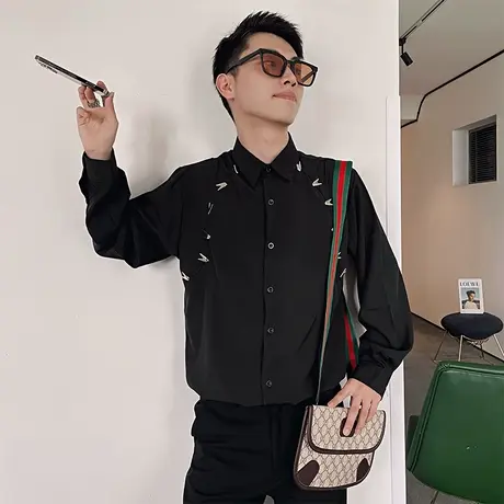 美式重工个性长袖衬衫男秋季2023新款痞帅网红休闲发型师上衣衬衣商品大图