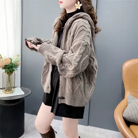 设计感小个子连帽针织开衫女春季2024年新款宽松百搭加厚毛衣外套商品大图