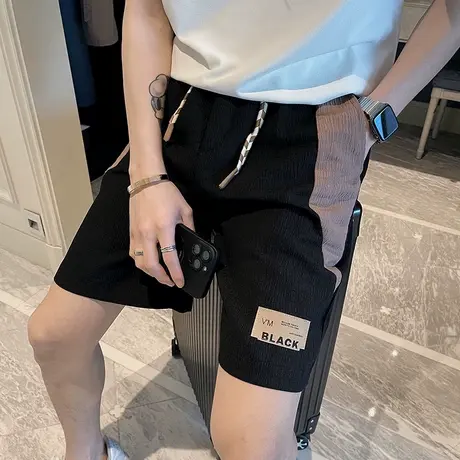 夏季个性时尚拼接撞色休闲五分短裤2023新款夏天沙滩直筒短裤卫裤商品大图