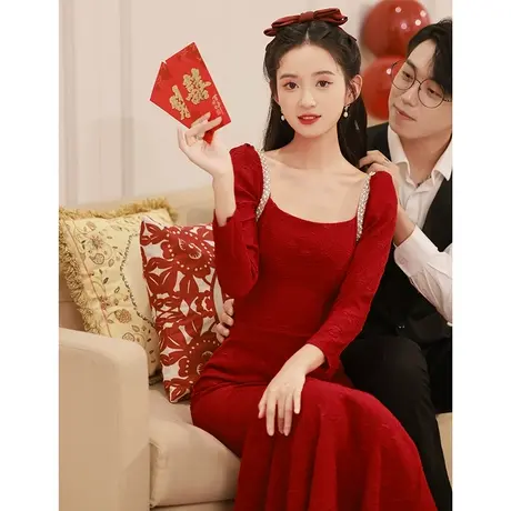 鱼尾敬酒服新娘冬季长袖酒红色订婚连衣裙高级感晚礼服女修身高档商品大图