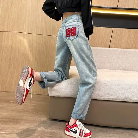复古浅色刺绣民族风直筒牛仔裤女春秋新款高腰窄版显瘦萝卜老爹裤商品大图