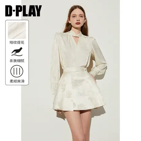 DPLAY2025春季新中式杏色领口国风长袖提花缎面小衫上衣女商品大图