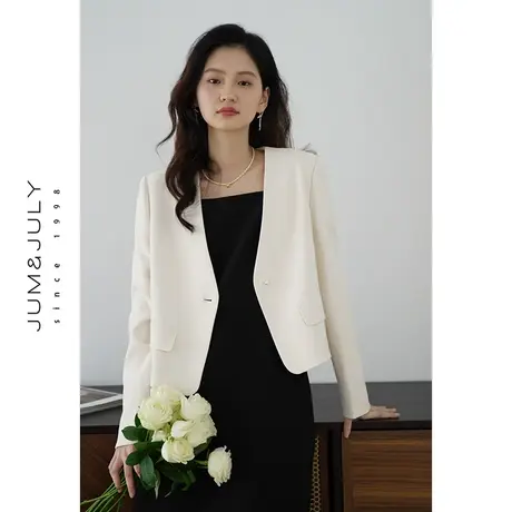 嘉茱莉设计感V领西装外套女小个子短款上衣休闲短外套女一粒扣商品大图