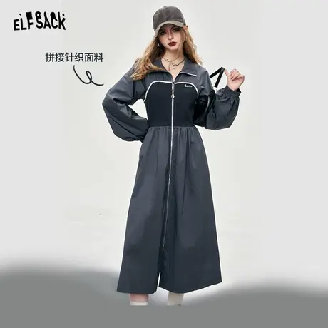 妖精的口袋工装风拼接长袖连衣裙女2024早春新款显瘦美式风a字裙图片