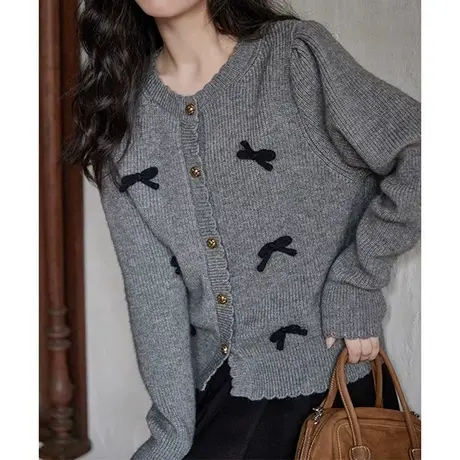 【2月25日春新品】设计感法式灰色宽松针织衫小众长袖毛衣上衣女图片