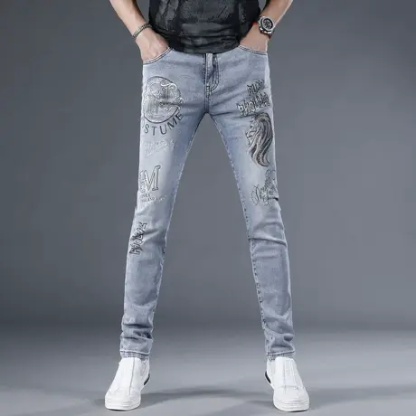 欧洲站高端潮牌烫钻牛仔裤男春夏季韩版蓝色弹力休闲修身小脚裤商品大图