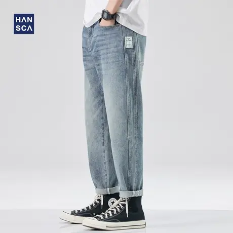 hansca春季潮流拼接直筒牛仔裤男美式高街潮牌宽松阔腿大码长裤子商品大图