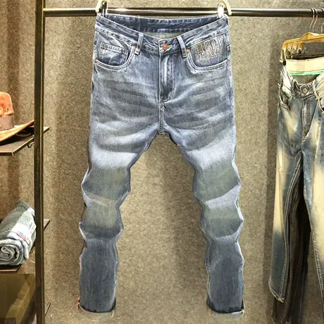 个性口袋刺绣牛仔裤男修身小直筒裤子男士帅气百搭潮流时尚长裤子商品大图