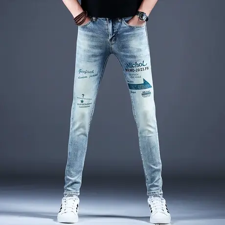 欧洲站男士牛仔裤男款时尚印花修身美式小脚裤子百搭潮流帅气2024图片