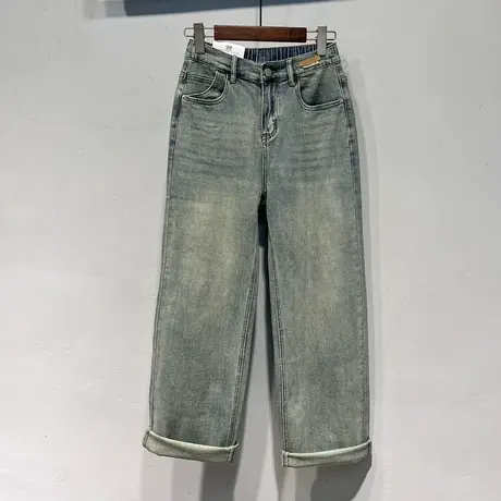 复古水洗高腰直筒浅蓝牛仔裤女春季2024新款宽松显瘦阔腿牛仔长裤图片