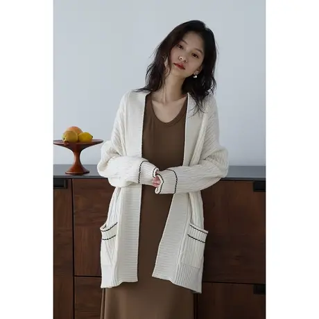 嘉茱莉2023秋季新款1OO羊毛针织开衫女中长款宽松针织上衣慵懒风商品大图