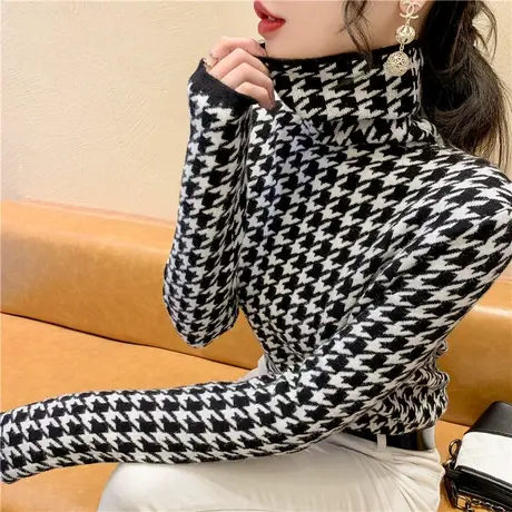 千鸟格高领一体绒毛衣女冬内搭加绒加厚修身打底衫2021年冬装新款图片