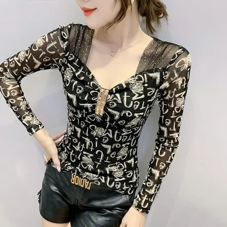 女装2023新款性感V领T恤春秋洋气加绒上衣紧身内搭打底衫女长袖潮商品大图