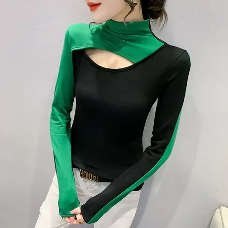德绒半高领打底衫女春装欧货性感镂空T恤长袖内搭撞色洋气上衣潮图片
