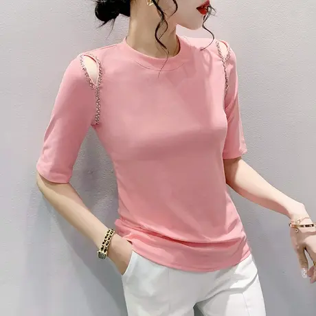 欧货五分袖T恤女夏季2023新款性感镂空露肩小衫气质百搭修身上衣商品大图