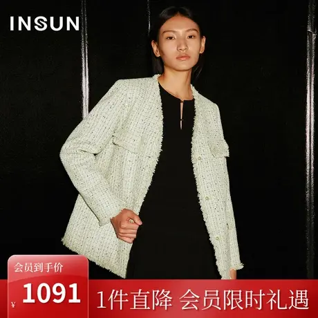 恩裳COVER2023秋装新款优雅亮丝香风斜裁手工拉毛流苏鹅绒羽绒服商品大图