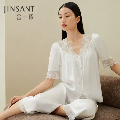 金三塔真丝蕾丝相拼纯欲睡衣100%桑蚕丝时尚家居服套装女春夏新品图片