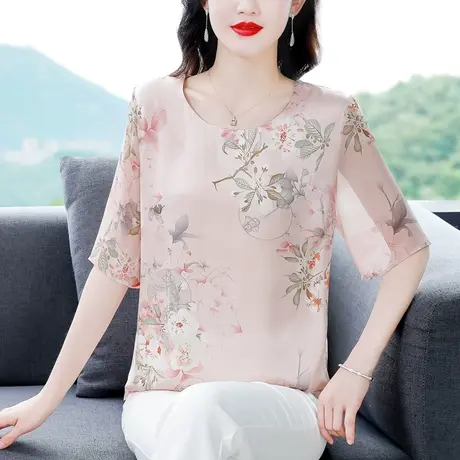 2023年夏季新款真丝女士宽松雪纺印花中袖时尚气质妈妈装女上衣商品大图