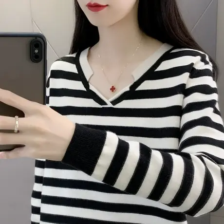 条纹针织打底衫女2023年新款长袖宽松v领套头毛衣洋气百搭上衣女商品大图