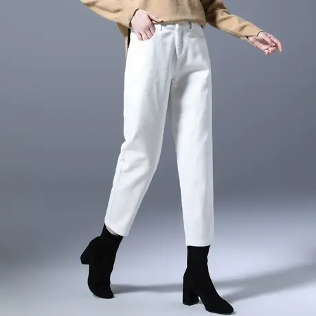 白色灯芯绒女裤加绒加厚裤子女2023新款秋冬九分萝卜裤哈伦条绒裤图片