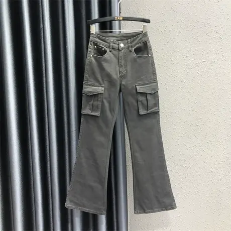 2023秋季新款辣妹高腰修身牛仔微喇裤女大口袋显瘦美式拖地喇叭裤商品大图