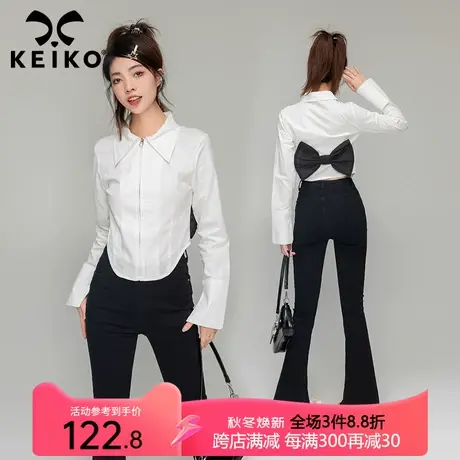 法式白色拉链长袖衬衫2023秋季设计感小众蝴蝶结扎花修身显瘦上衣商品大图