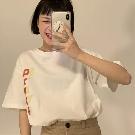 红续2020新款韩版夏装原宿bf风ulzzang纯棉短袖T恤女宽松字母学生图片