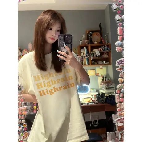 奶黄色短袖t恤女夏季宽松oversize潮牌小个子学生美式高街上衣服商品大图