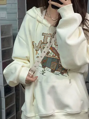 连帽卫衣女秋冬季加绒oversize韩版宽松小个子设计感小众外套上衣图片