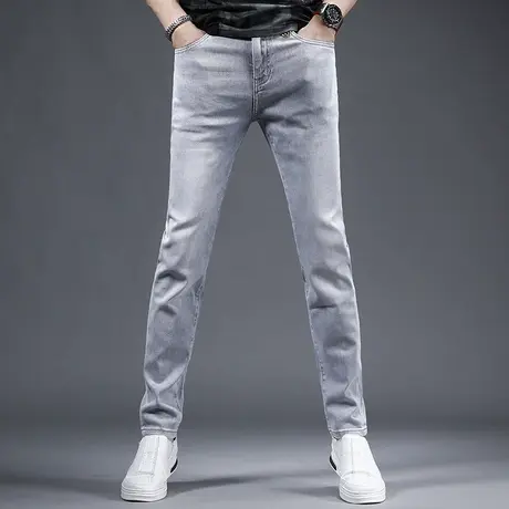 高端浅灰色牛仔裤男款修身小脚夏季薄款2023新款弹力休闲男士裤子商品大图