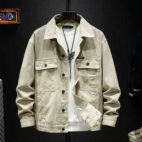 春秋款潮牌工装夹克男大码宽松加肥加大牛仔外套男士休闲衣服褂子图片