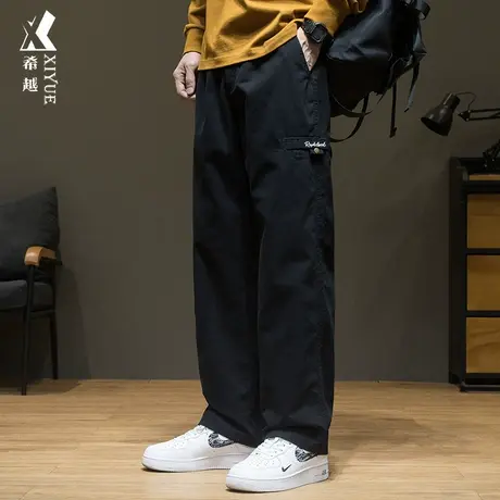 希越纯色简约百搭直筒休闲裤男秋季字母刺绣宽松大码胖子拖地长裤商品大图