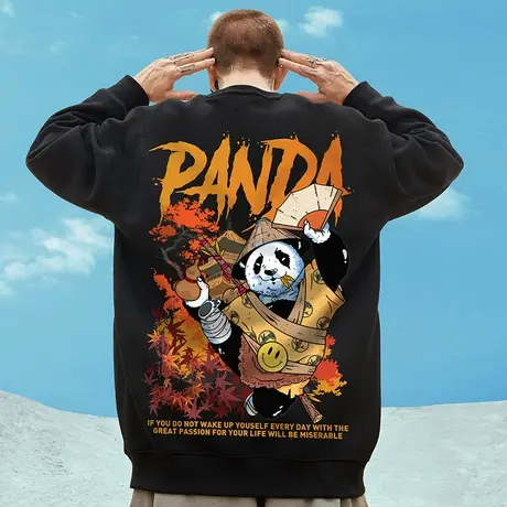 国潮oversize熊猫圆领加绒卫衣男无帽潮牌ins潮流大码男装秋冬款商品大图