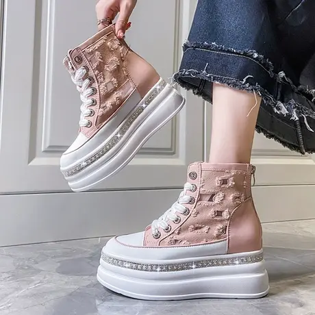 厚底运动高帮鞋子帆布鞋女夏季2023新款透气爆款内增高女鞋小白鞋商品大图