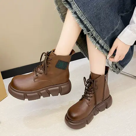 时装靴2023年新款女英伦风时尚平底系带单靴系带显瘦增高短靴女靴图片