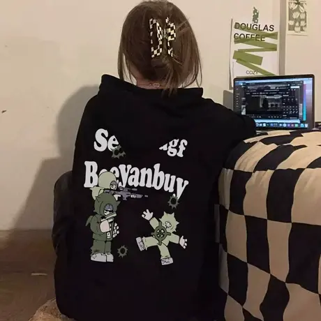 美式连帽加绒加厚卫衣女春秋新款大码胖mm慵懒风长袖上衣服200斤商品大图