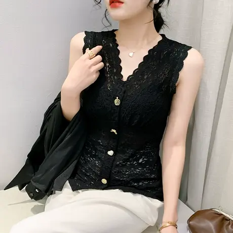 欧货性感V领蕾丝背心女外穿夏季西装内搭小衫时尚洋气百搭上衣ins图片