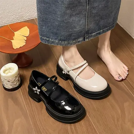 玛丽珍鞋女2024年春秋季浅口厚底水钻单鞋法式气质粗跟通勤小皮鞋商品大图