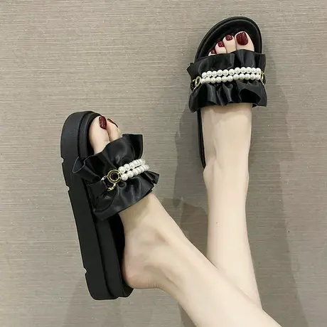 拖鞋女夏季ins潮外穿时尚花边珍珠厚底增高一字拖沙滩松糕凉拖鞋商品大图
