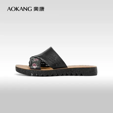 奥康女鞋 夏季气质真皮平跟一字拖女士软底防滑清凉拖妈妈拖图片