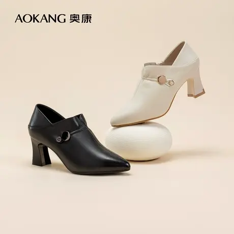 奥康女鞋 春秋季新款羊皮通勤时尚粗跟女士时装高跟鞋气质外穿图片