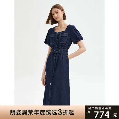 朗姿棉质复古泡泡袖方领连衣裙2023夏新款裙子牛仔裙商品大图