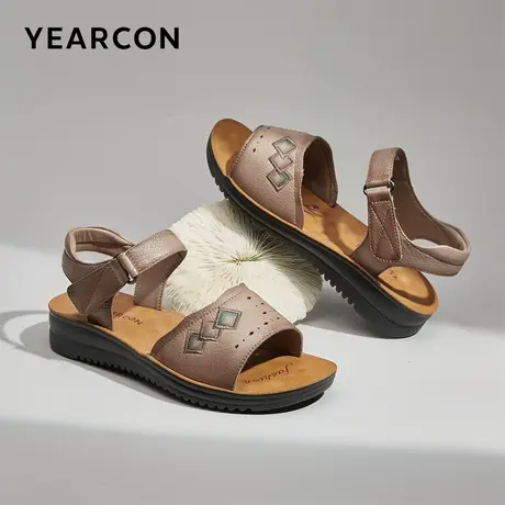 意尔康女鞋2023夏季新款中年妈妈凉鞋真皮软底坡跟平底舒适鞋子图片