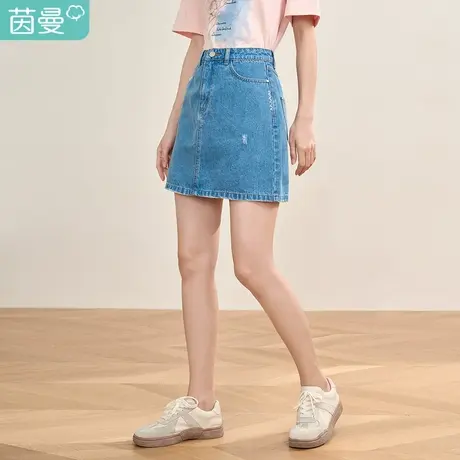 【商场同款】茵曼2023春女装新款复古通勤短款A字纯棉牛仔半身裙图片
