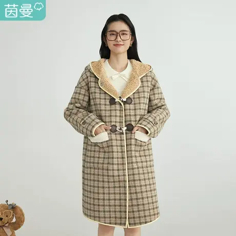 茵曼设计感秋冬季新款女装格纹连帽呢子大衣牛角扣毛呢外套图片
