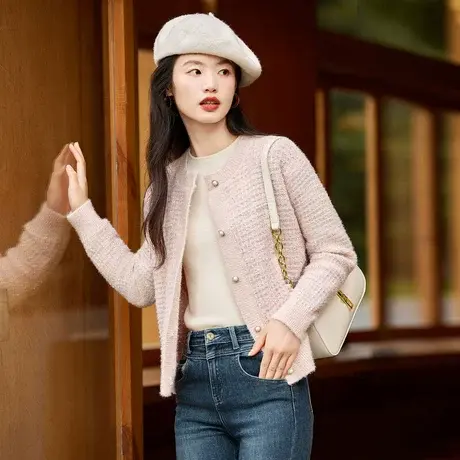 时尚气质开衫2023年秋季新款女装温柔百搭圆领长袖通勤毛衣商品大图