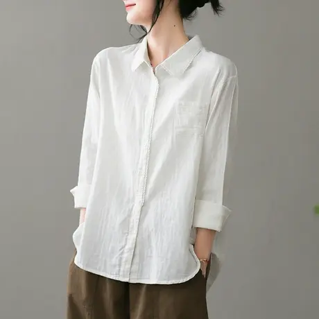 dza 复古宽松polo领女士衬衫2023春新款内搭长袖上衣纯棉白色衬衣图片